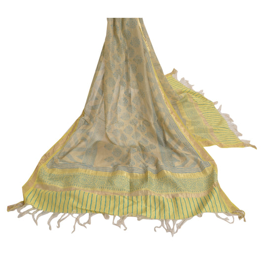 Sanskriti Vintage Dupatta Long Stole Chanderi Cream Block Printed Wrap Scarves